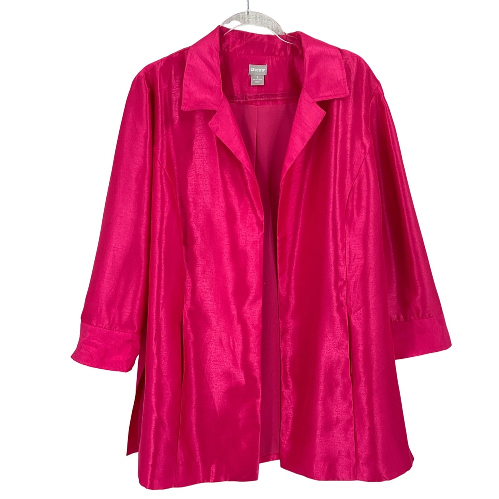 Chico's Topper Jacket Women 3 Pink Shantung Open Front Party Luxury Boho Vibrant